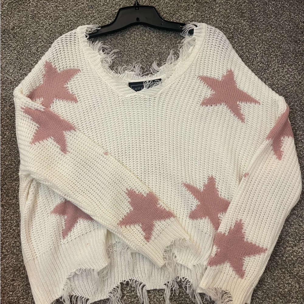 White Sweater w/ Pink Stars (Size M)